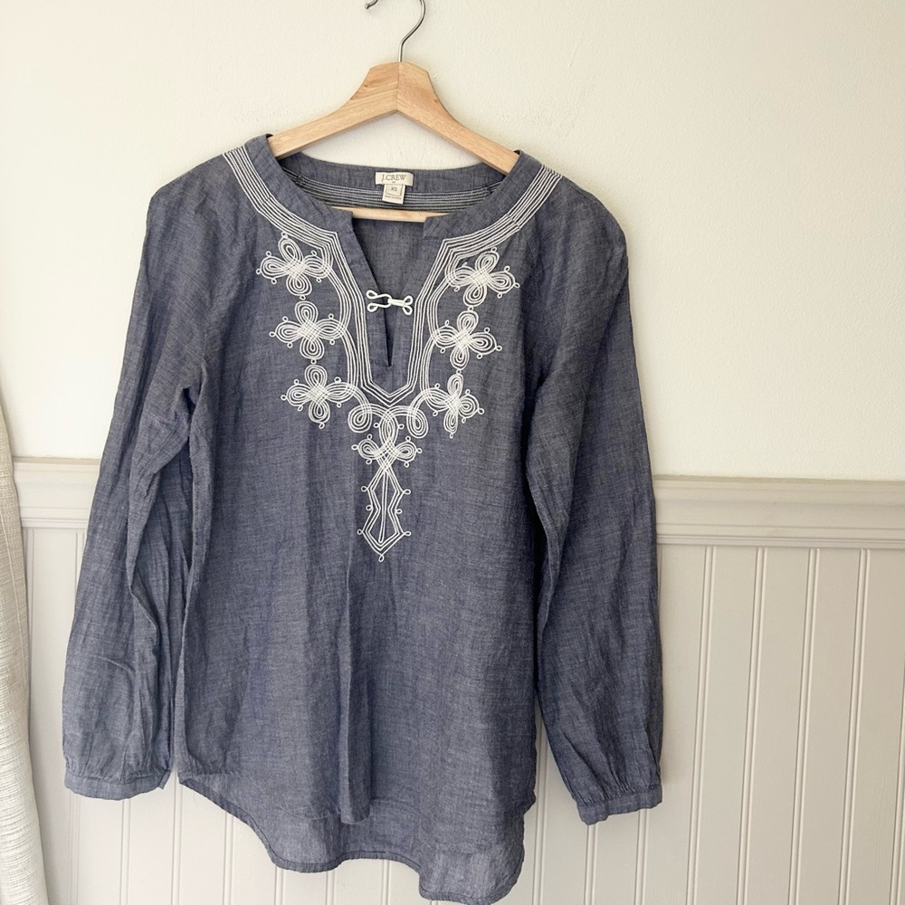 J. Crew XS Blue Chambray Embroidered Tunic Blouse Long Sleeve Cotton Top